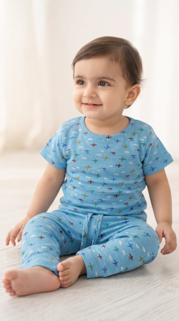 Baby wearing the Blue Aeroplane T-Shirt and Pants Set