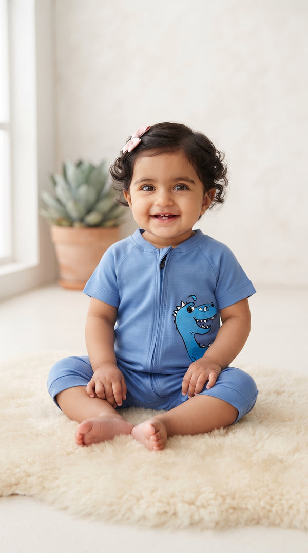 Baby wearing the Blue Dinosaur Zip Romper