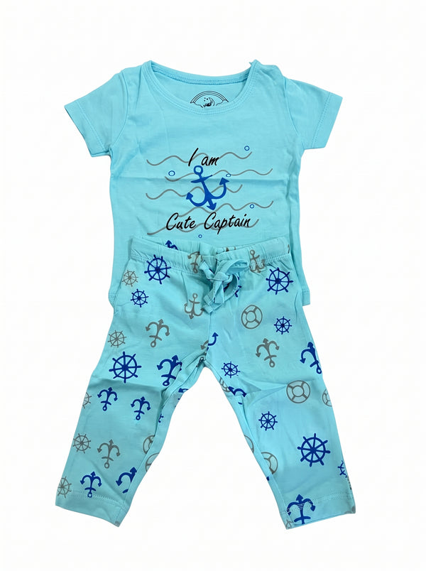 Baby Mint Cute Captain Anchor T-Shirt and Pants Set — Mint Blue cotton babywear, front view