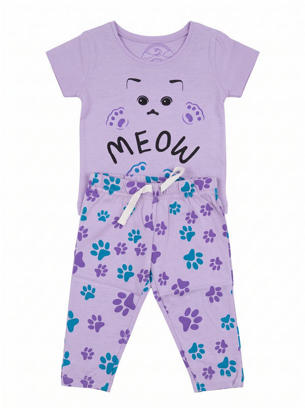 Baby Lilac Meow Cat Paw T-Shirt and Pants Set — Light Purple cotton babywear, front view
