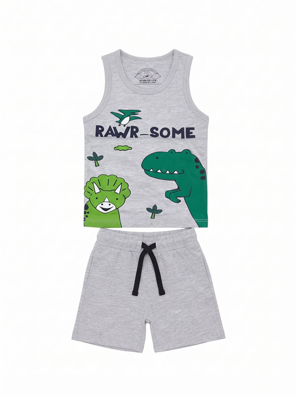 Baby Grey Rawr-Some Dinosaur Tank and Shorts Set — Grey cotton babywear, front view