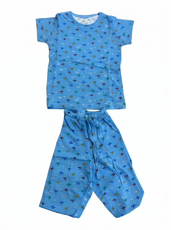 Baby Blue Aeroplane T-Shirt and Pants Set — Light Blue cotton babywear, front view
