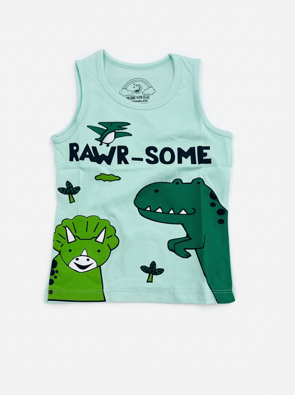 Baby Mint Rawr-Some Dinosaur Tank and Shorts Set — Mint Green cotton babywear, front view