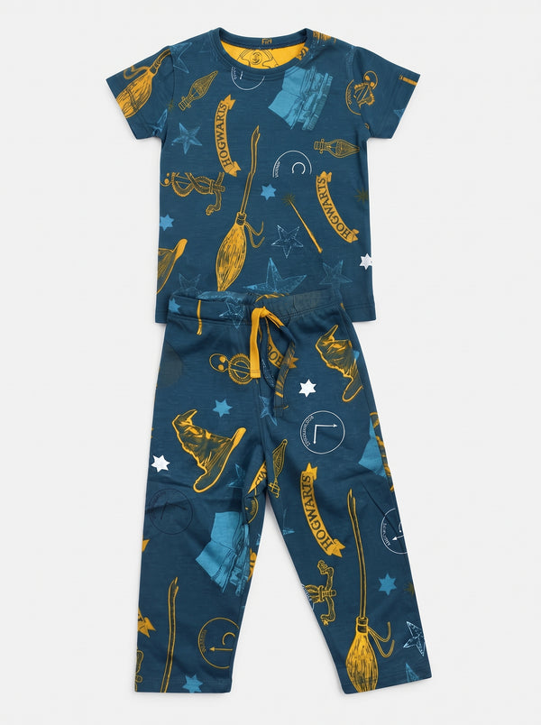 Baby Teal Wizard Print T-Shirt and Pants Set — Teal cotton babywear, front view