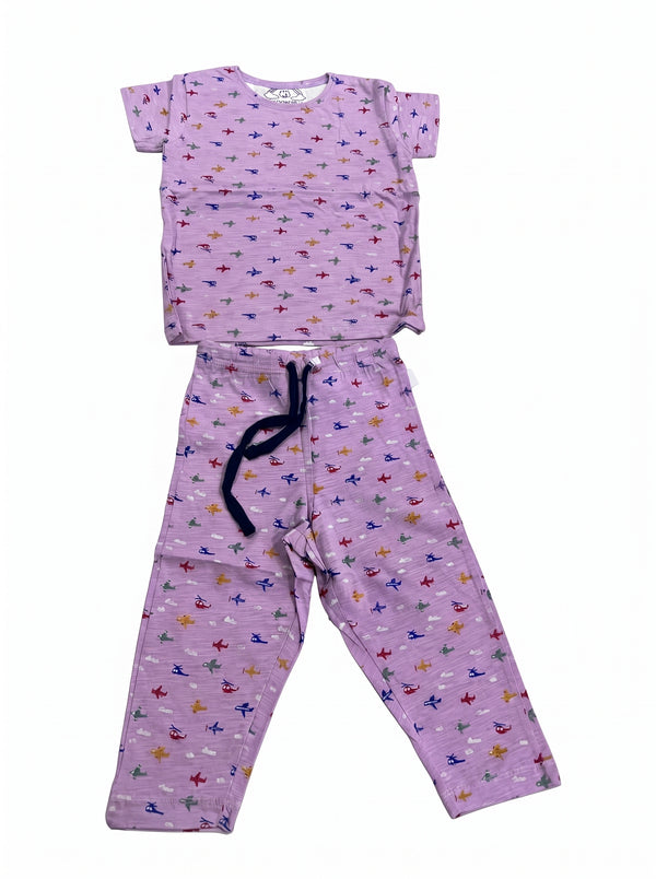 Kids Lilac Aeroplane T-Shirt and Pants Set — Lilac cotton babywear, front view