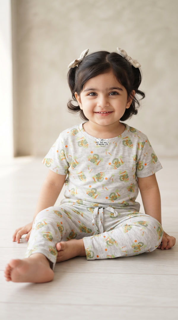 Baby wearing the Kids Light Grey Jungle Print T-Shirt and Pants Set