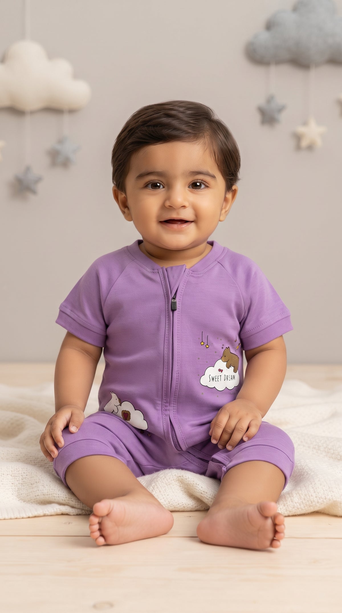 Baby wearing the Purple Sweet Dream Bear Zip Romper
