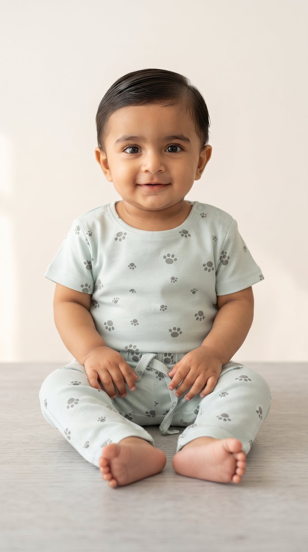 Baby wearing the Sea Green Paw Print T-Shirt and Pants Set