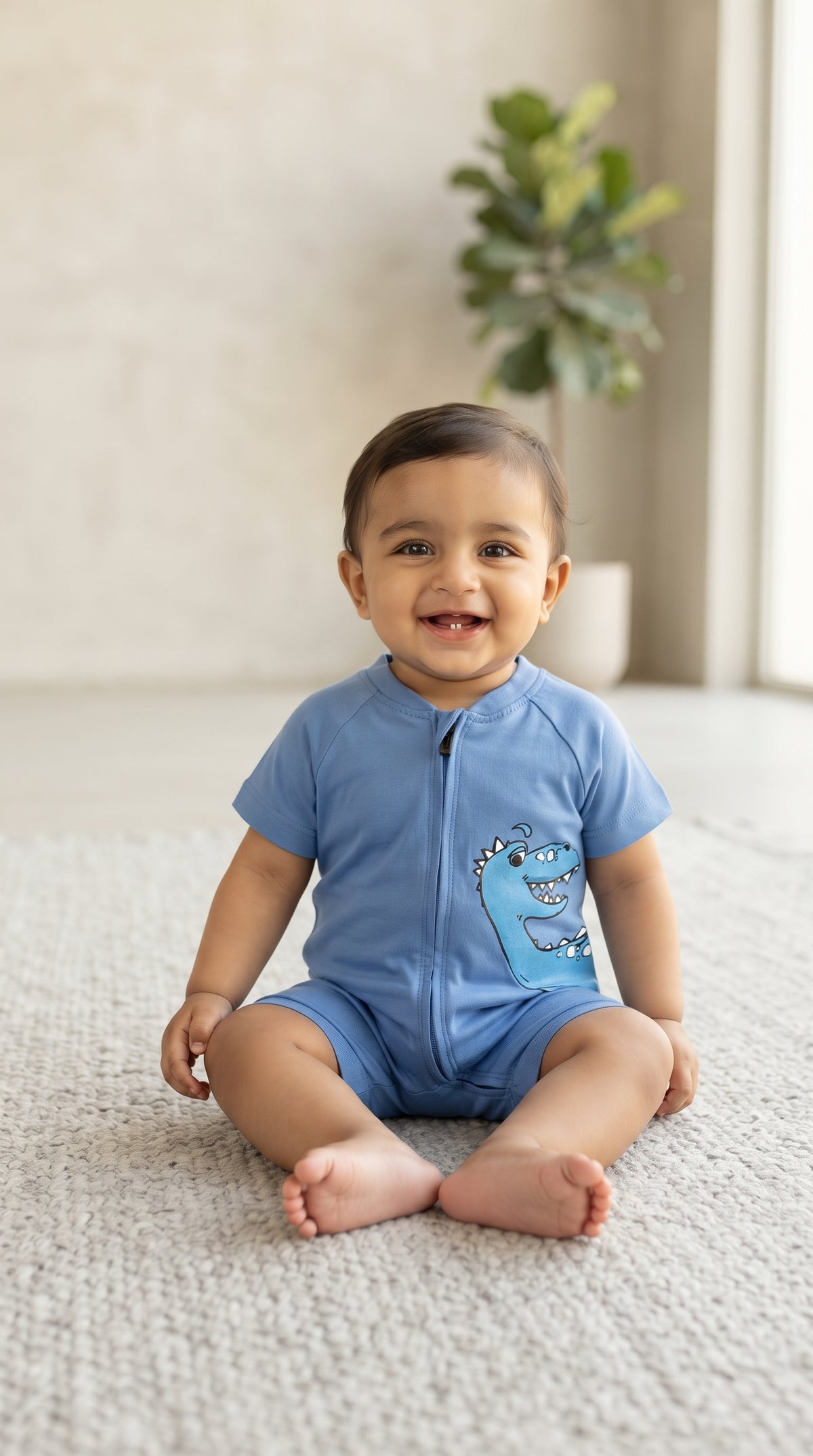 Baby wearing the Blue Dinosaur Zip Romper