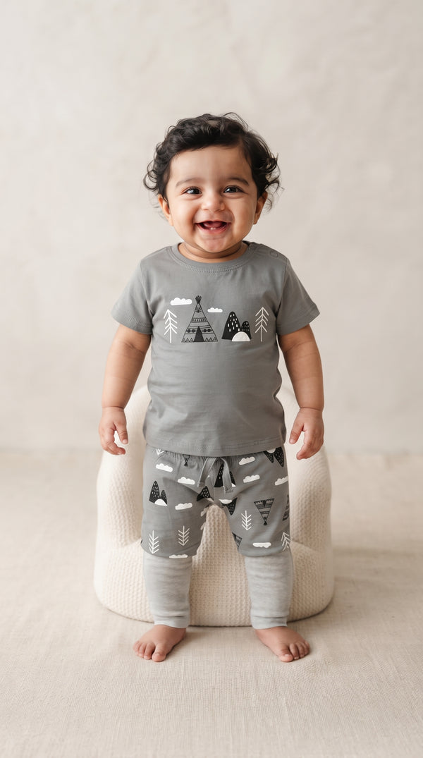Baby wearing the Grey Teepee & Mountains T-Shirt and Pants Set