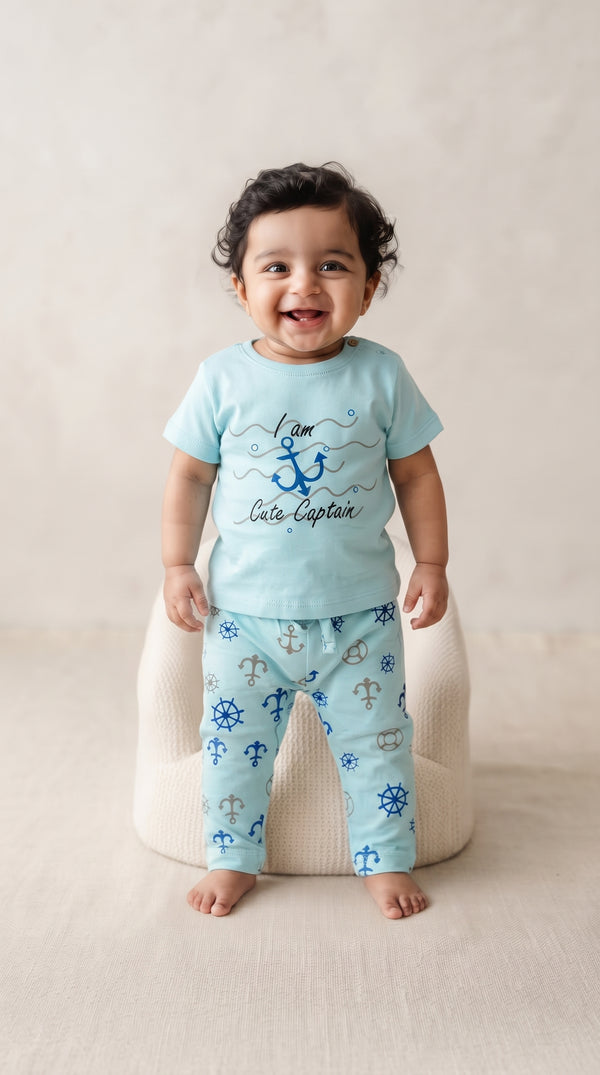 Baby wearing the Mint Cute Captain Anchor T-Shirt and Pants Set