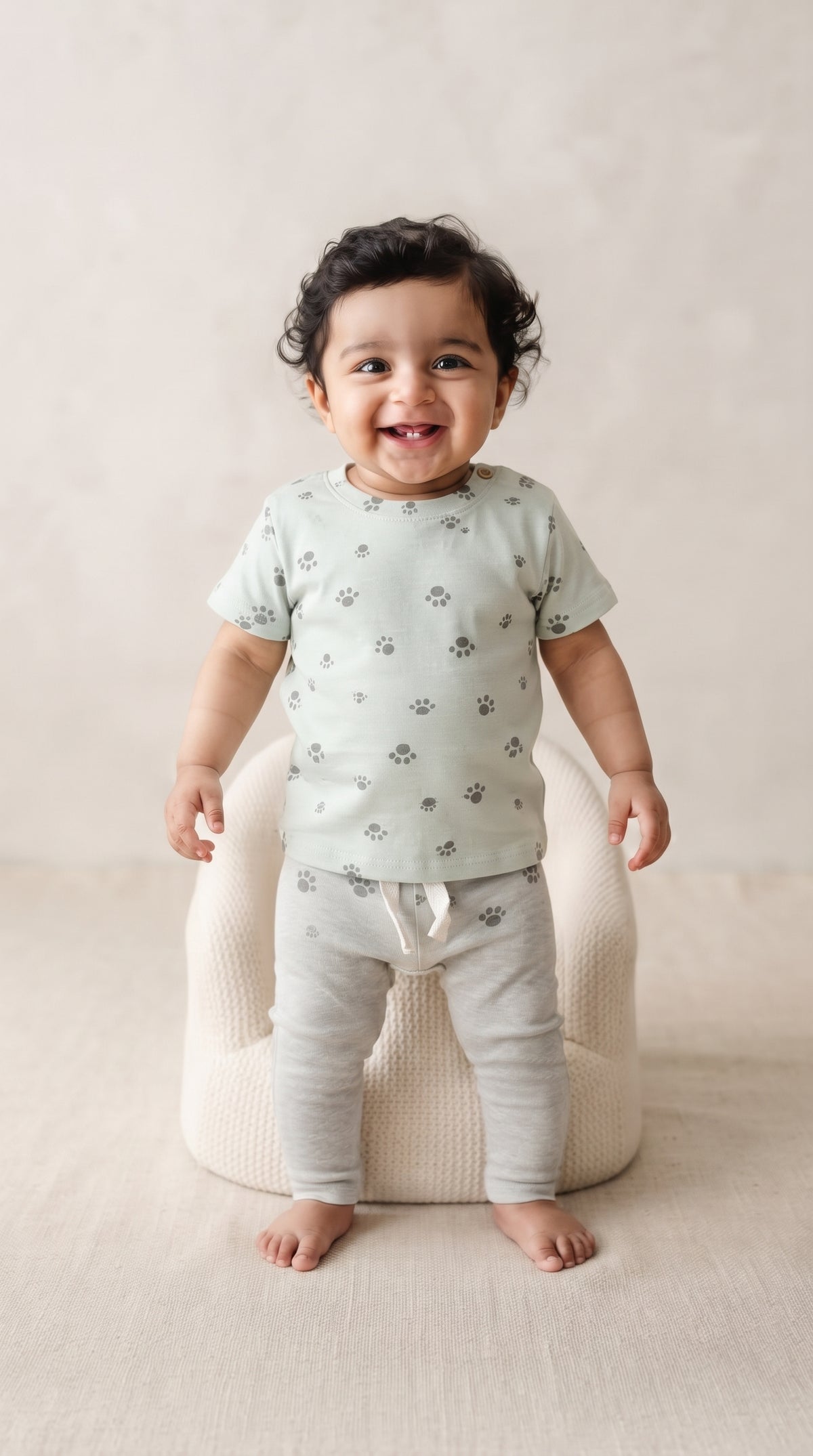 Baby wearing the Sea Green Paw Print T-Shirt and Pants Set