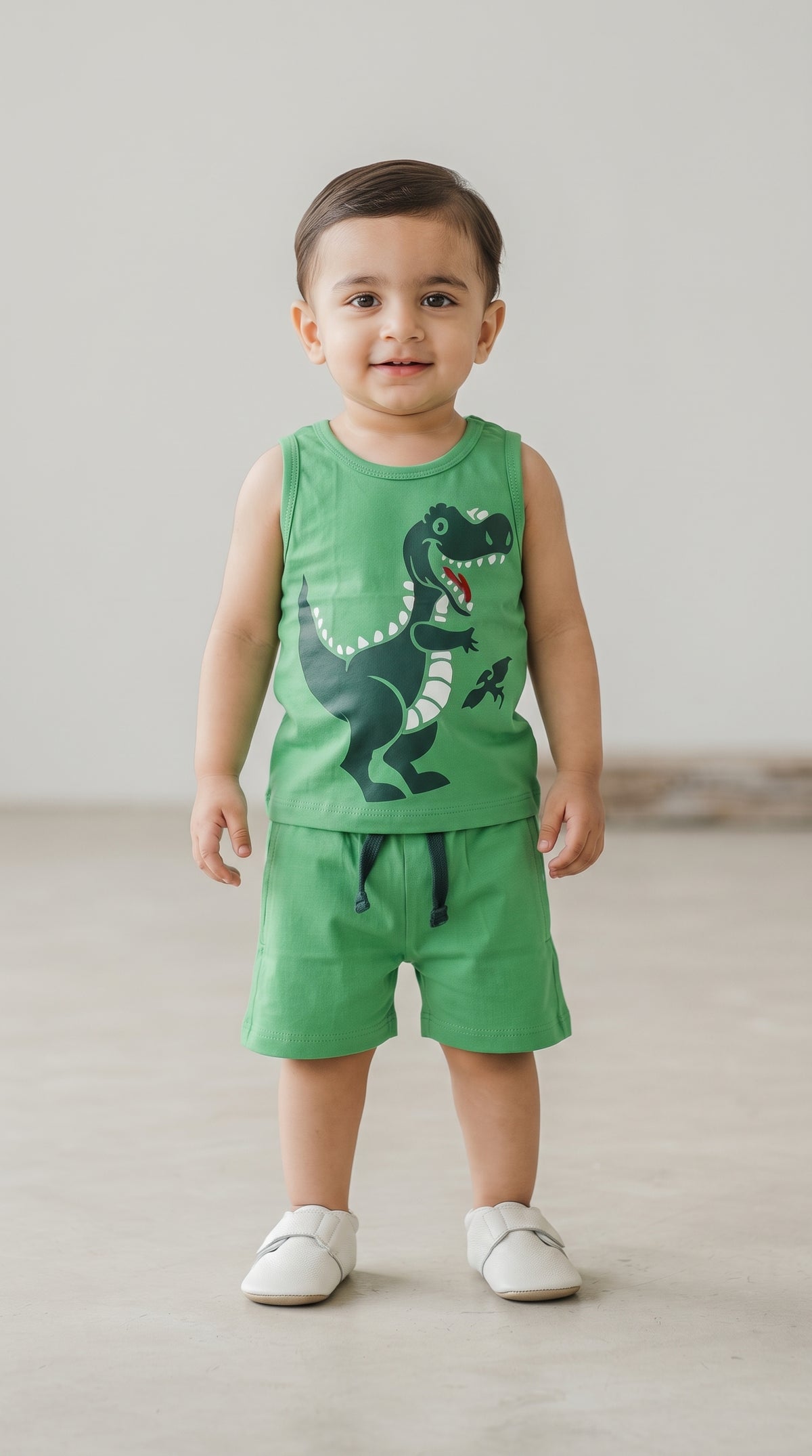 Baby wearing the Green T-Rex Tank and Shorts Set