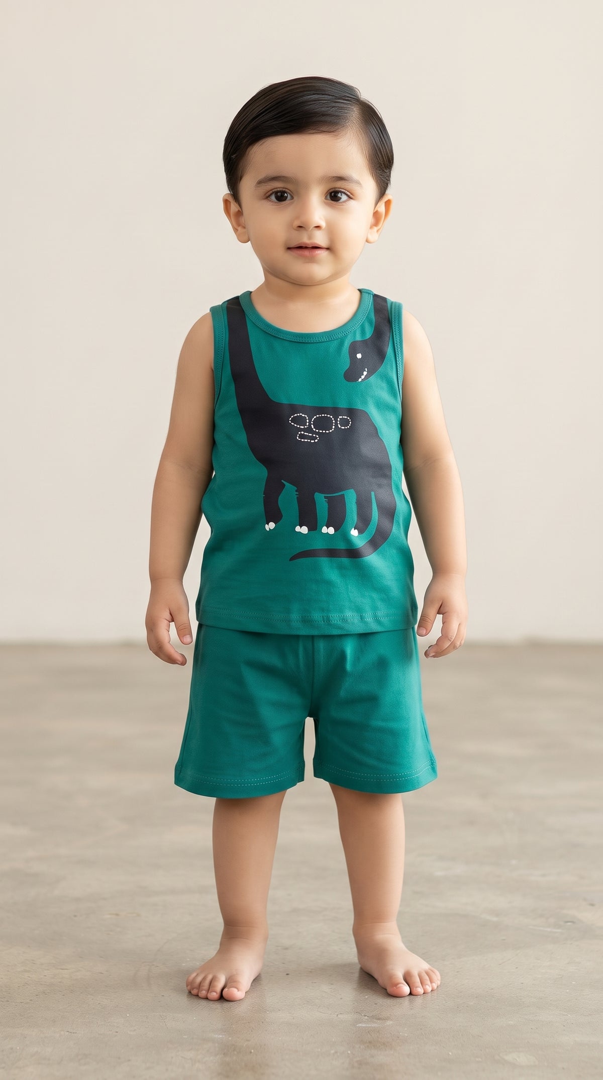 Baby wearing the Teal Long Neck Dinosaur Tank and Shorts Set