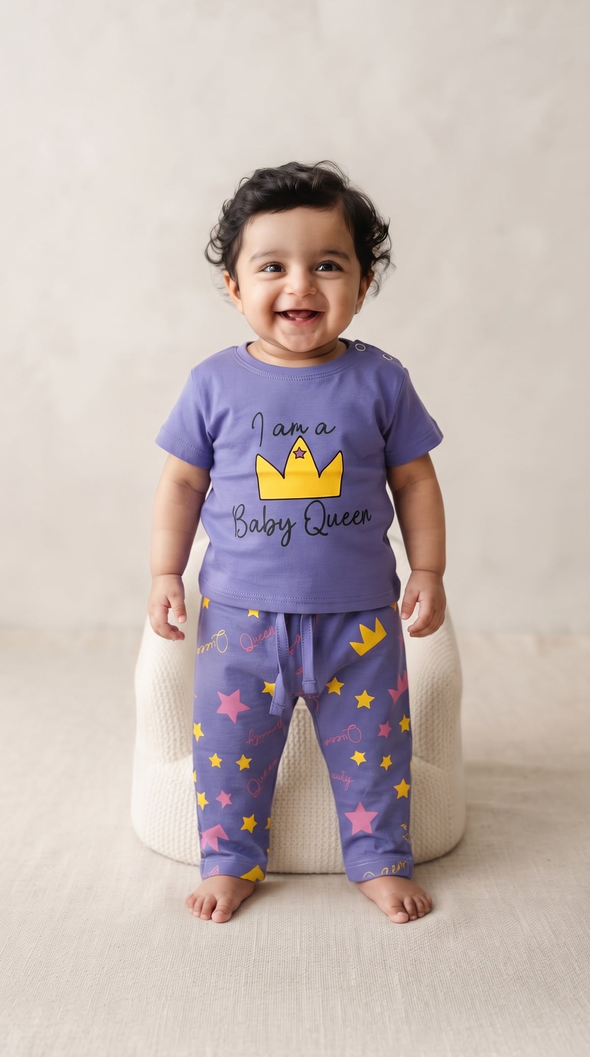 Baby wearing the Purple I Am A Baby Queen T-Shirt and Pants Set