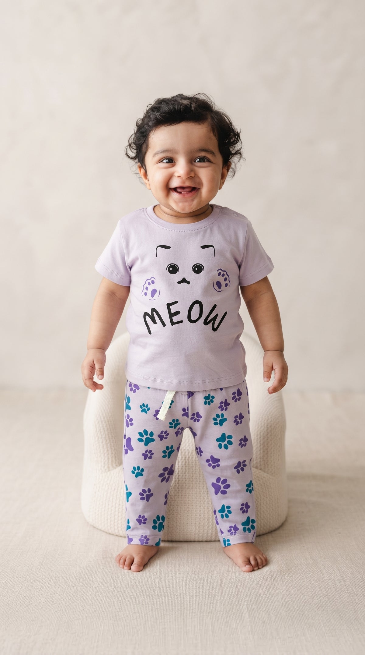 Baby wearing the Lilac Meow Cat Paw T-Shirt and Pants Set