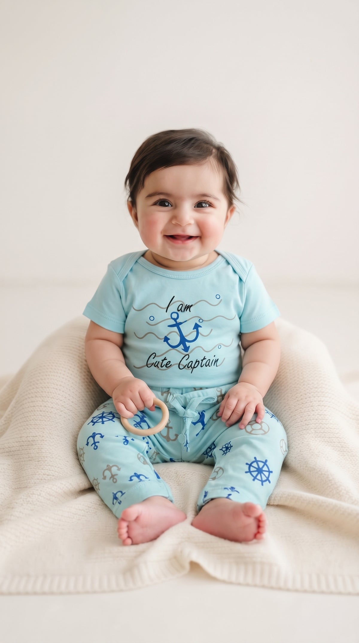 Baby wearing the Mint Cute Captain Anchor T-Shirt and Pants Set