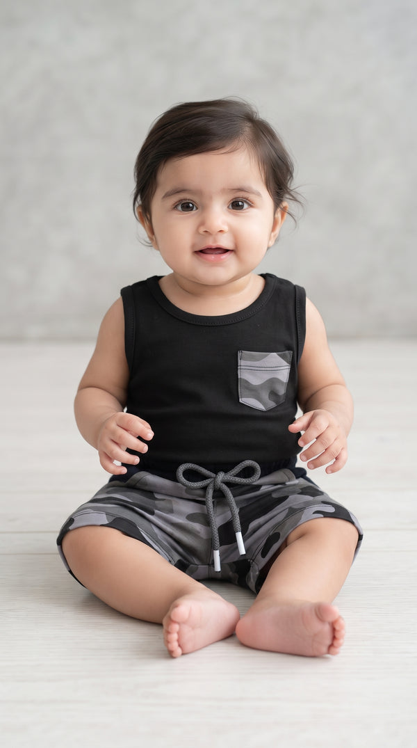 Baby wearing the Black Tank Top and Grey Camo Shorts Set
