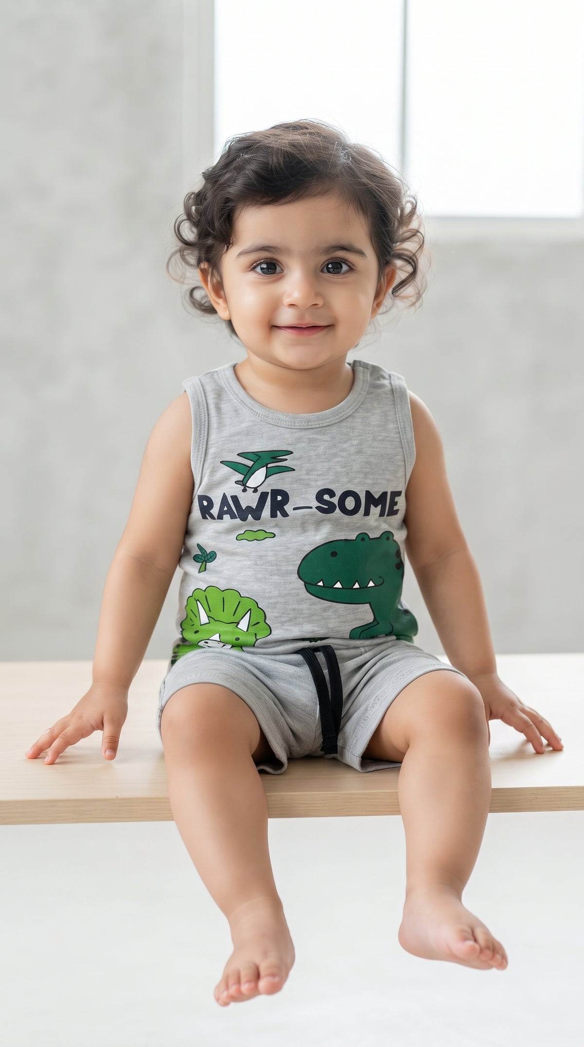 Baby wearing the Grey Rawr-Some Dinosaur Tank and Shorts Set