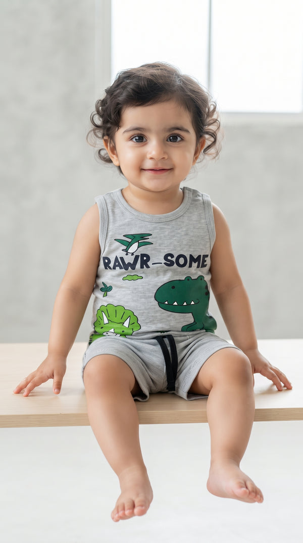 Baby wearing the Grey Rawr-Some Dinosaur Tank and Shorts Set