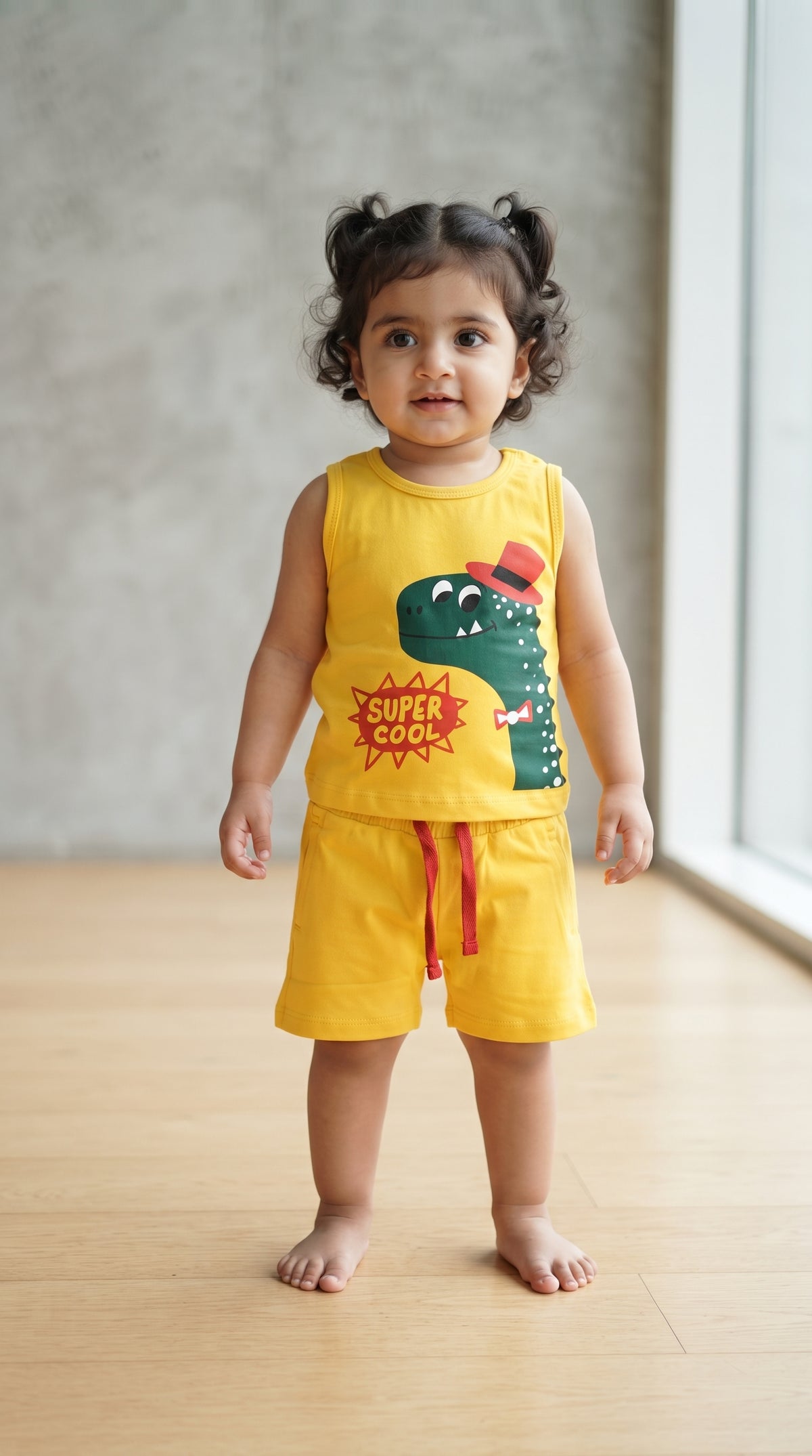 Baby wearing the Yellow Super Cool Dinosaur Tank and Shorts Set