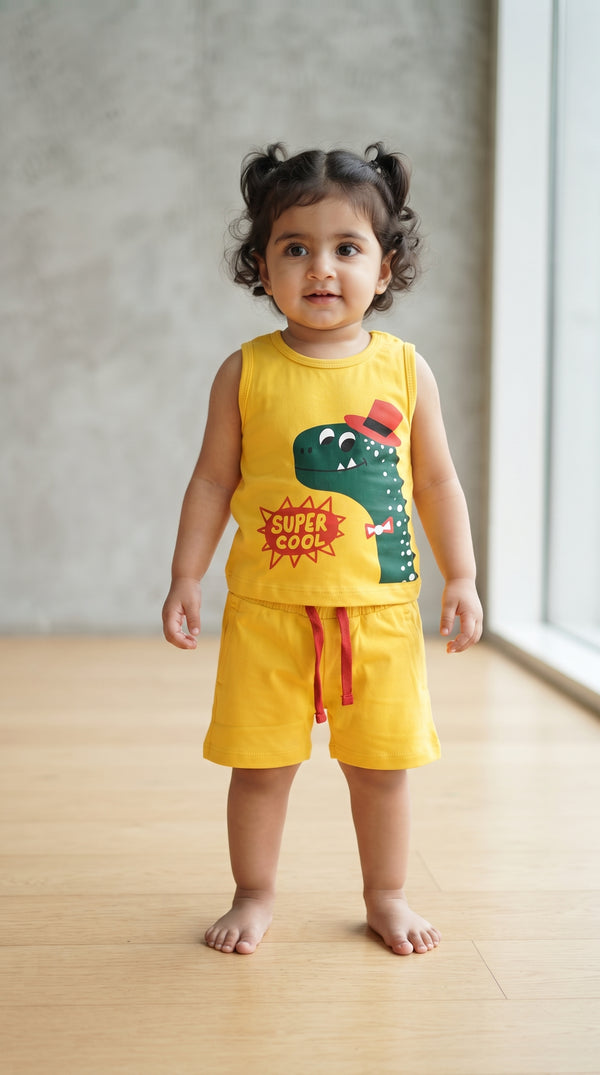Baby wearing the Yellow Super Cool Dinosaur Tank and Shorts Set