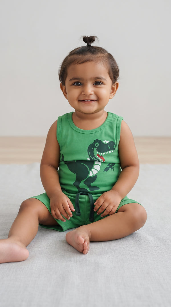 Baby wearing the Green T-Rex Tank and Shorts Set