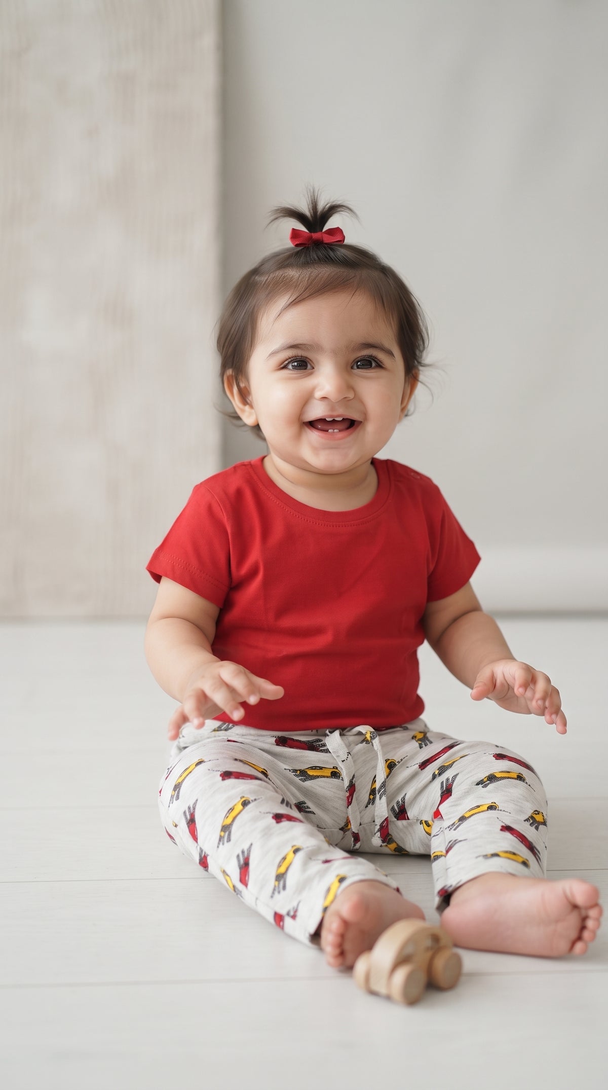 Baby wearing the Red T-Shirt and Race Car Pants Set