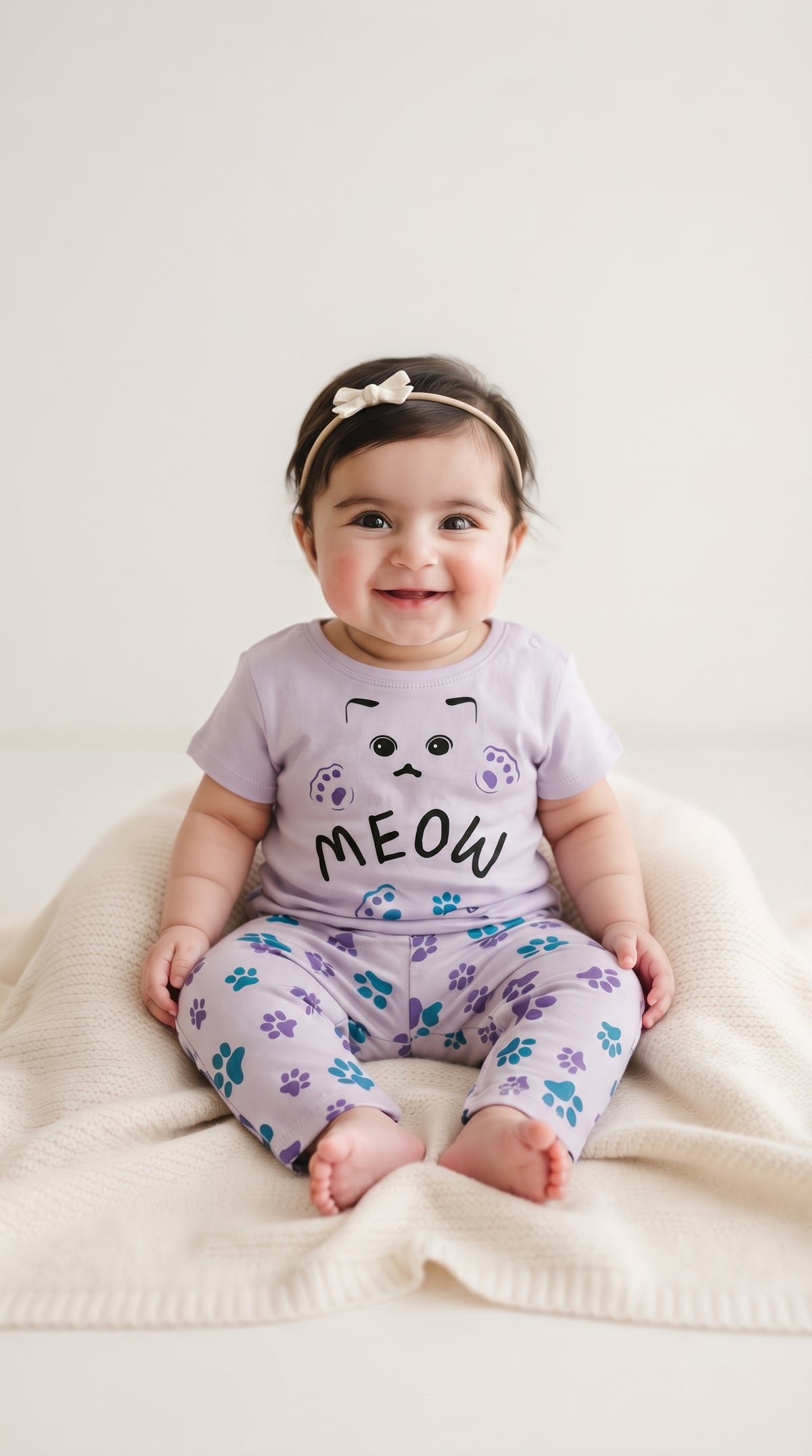 Baby wearing the Lilac Meow Cat Paw T-Shirt and Pants Set