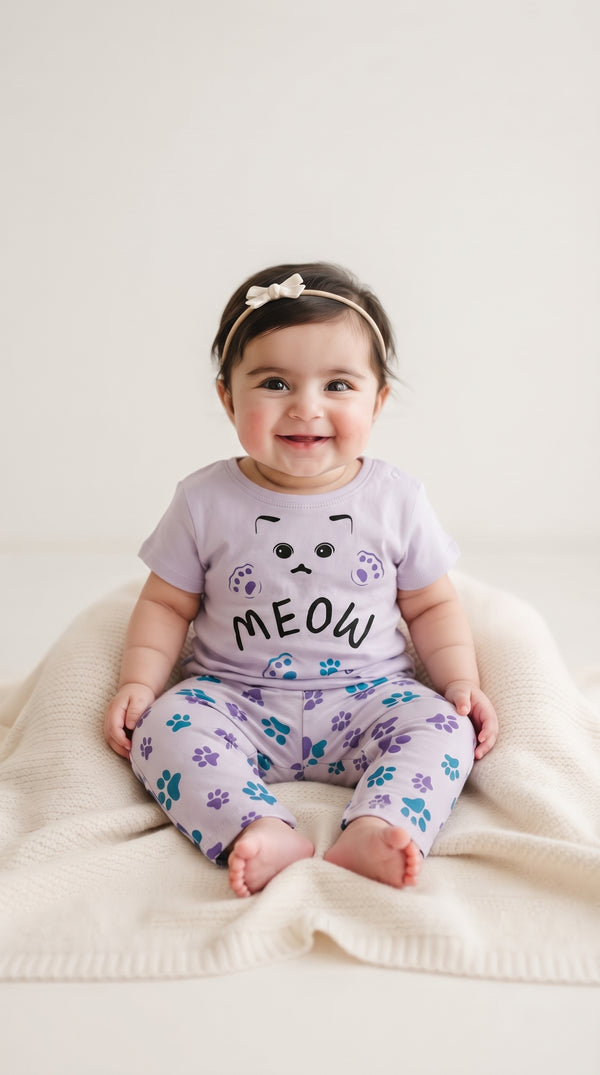 Baby wearing the Lilac Meow Cat Paw T-Shirt and Pants Set