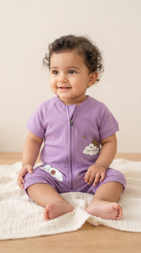 Baby wearing the Purple Sweet Dream Bear Zip Romper