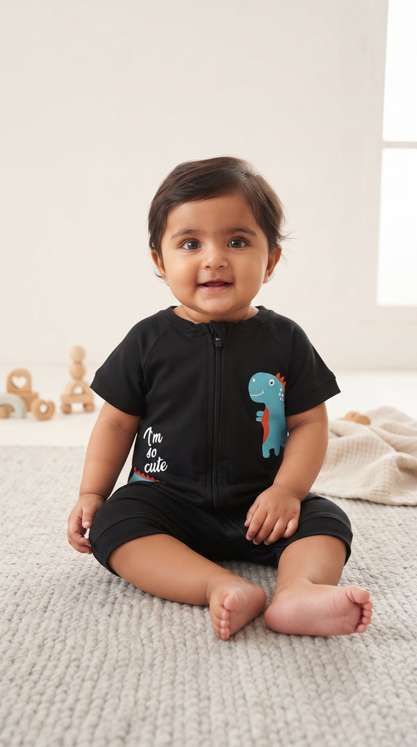 Baby wearing the Black Dinosaur Zip Romper