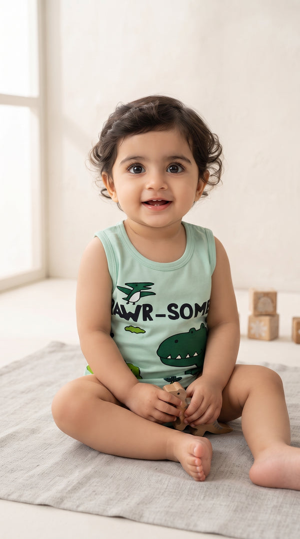 Baby wearing the Mint Rawr-Some Dinosaur Tank and Shorts Set