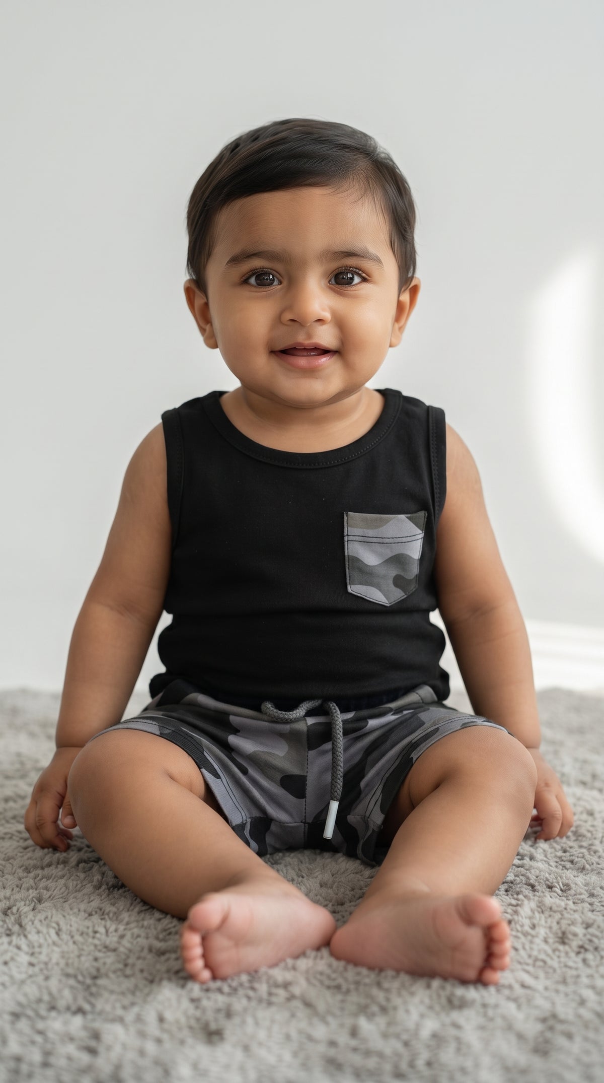 Baby wearing the Black Tank Top and Grey Camo Shorts Set
