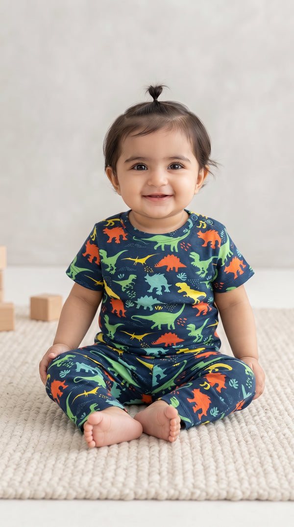 Baby wearing the Navy Dinosaur T-Shirt and Pants Set
