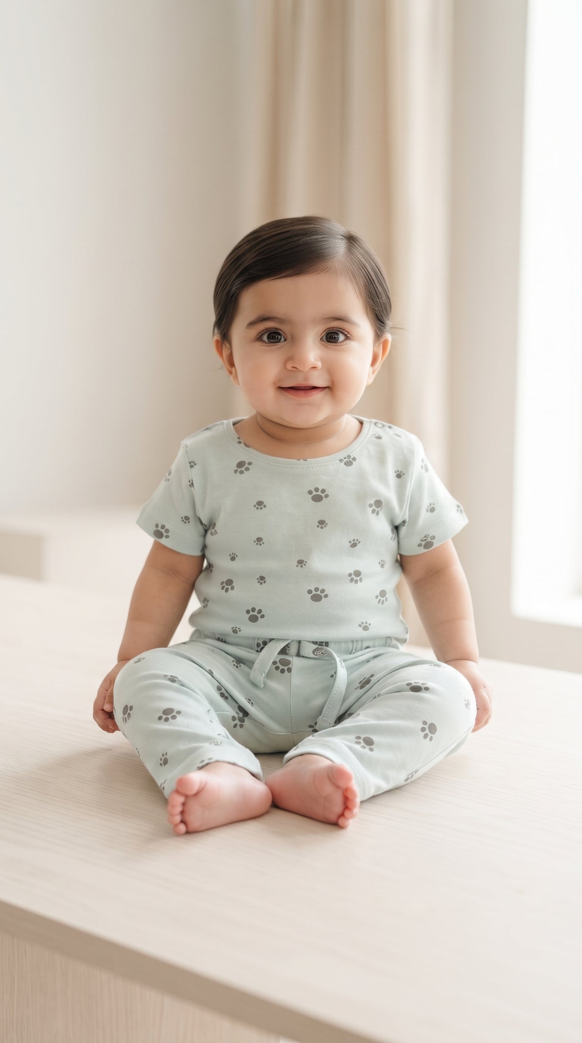 Baby wearing the Sea Green Paw Print T-Shirt and Pants Set