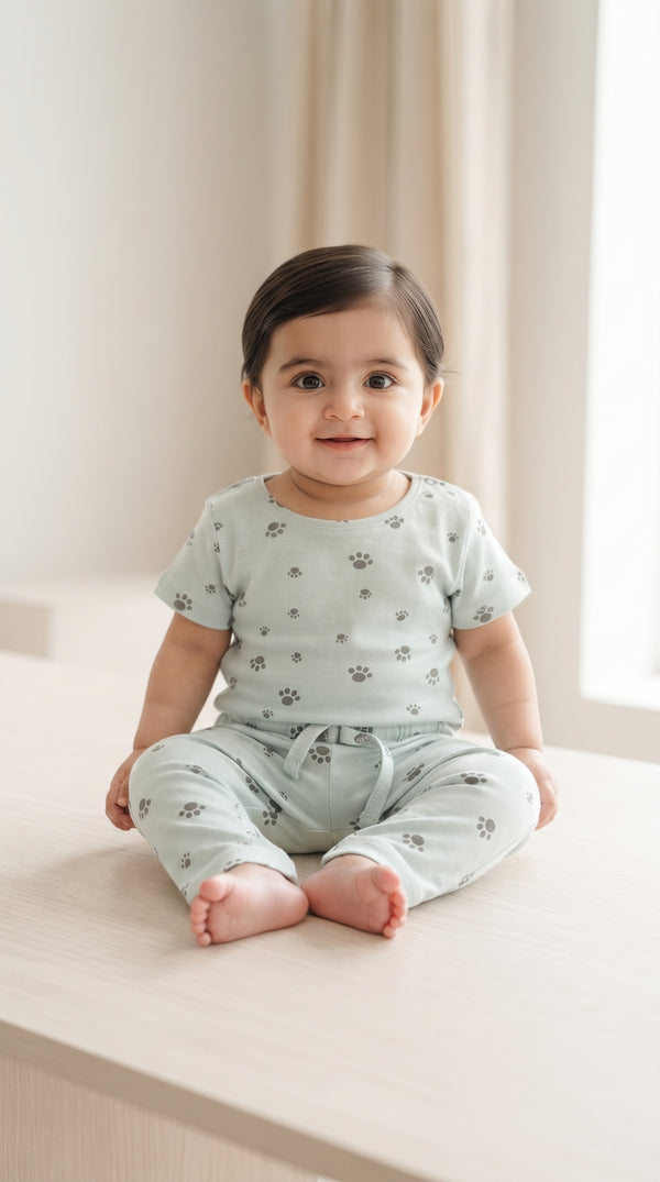 Baby wearing the Sea Green Paw Print T-Shirt and Pants Set