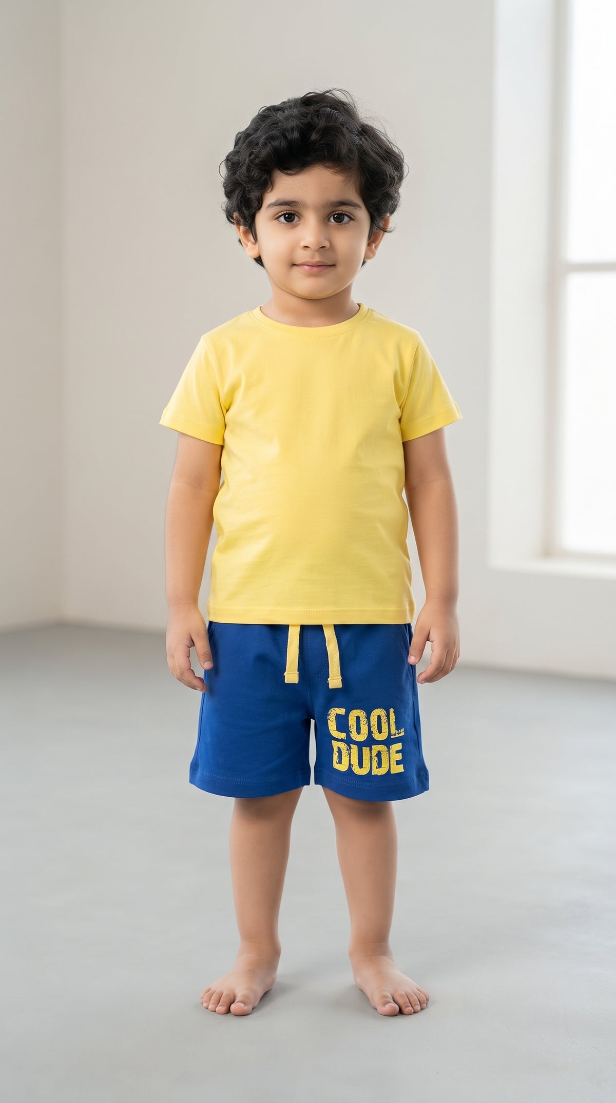 Baby wearing the Kids Yellow T-Shirt and Blue Cool Dude Shorts Set