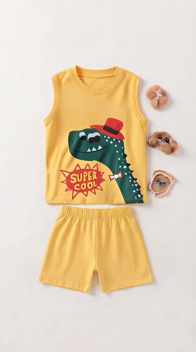 Baby Yellow Super Cool Dinosaur Tank and Shorts Set — Yellow cotton babywear, front view