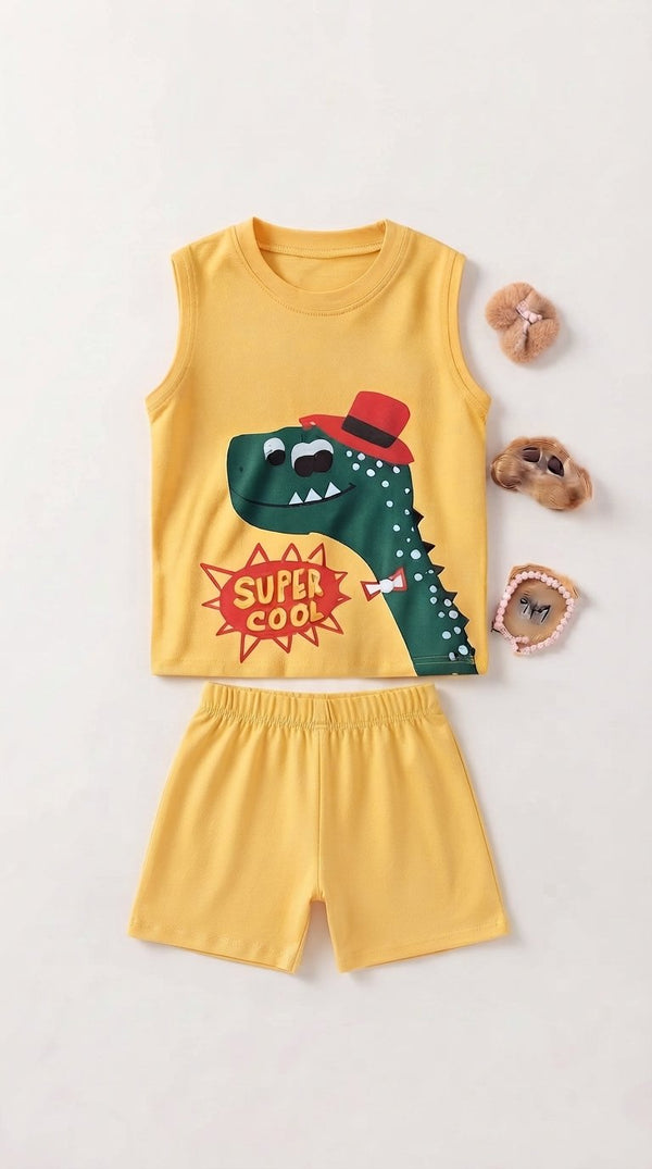 Baby Yellow Super Cool Dinosaur Tank and Shorts Set — Yellow cotton babywear, front view