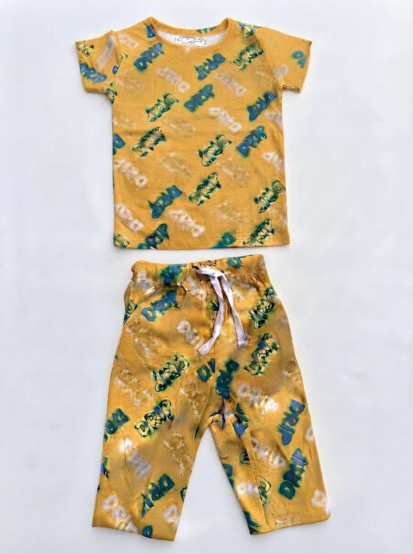 Baby Yellow Drip Graffiti T-Shirt and Shorts Set — Yellow cotton babywear, front view