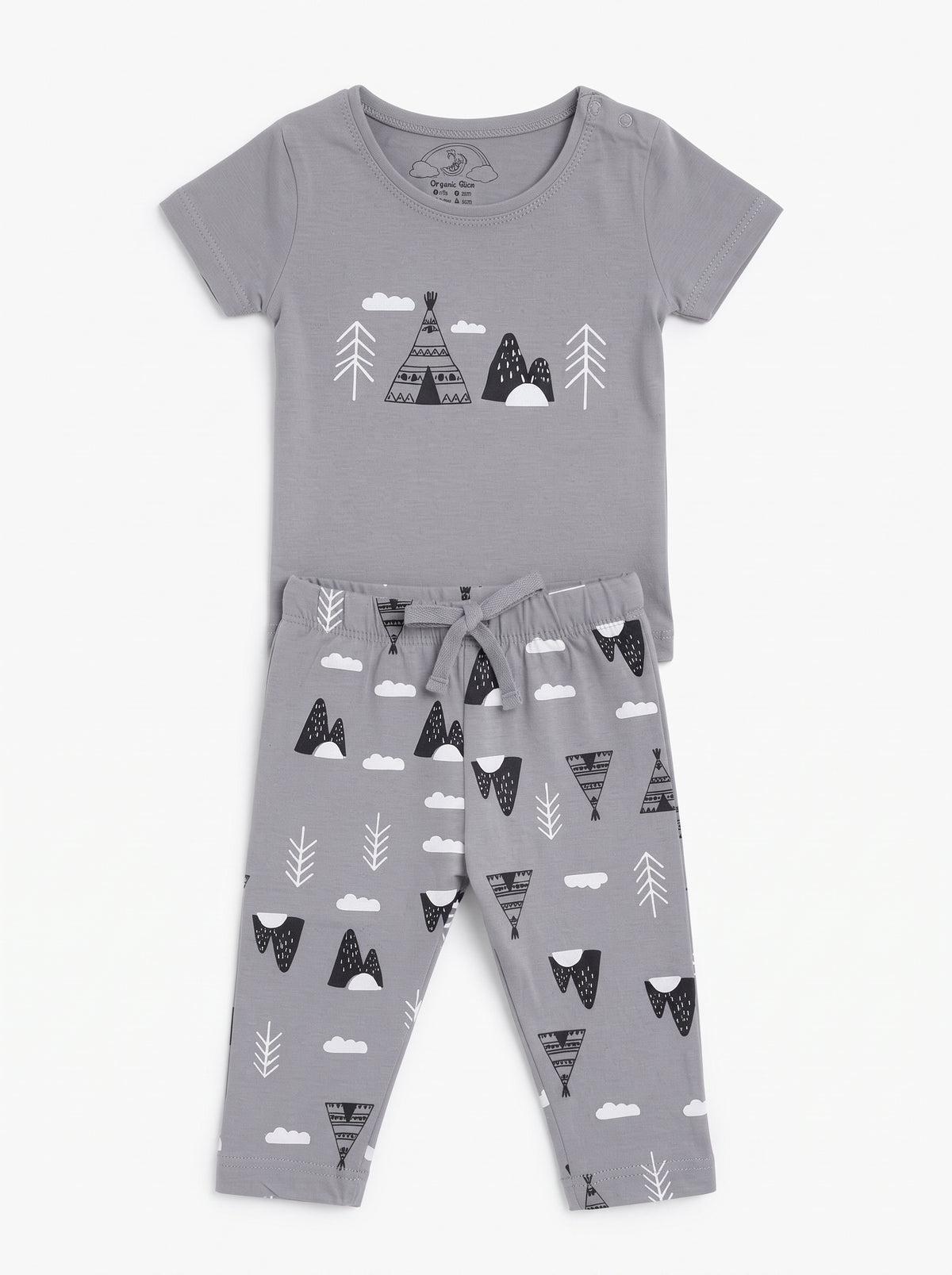 Baby Grey Teepee & Mountains T-Shirt and Pants Set — Grey cotton babywear, front view