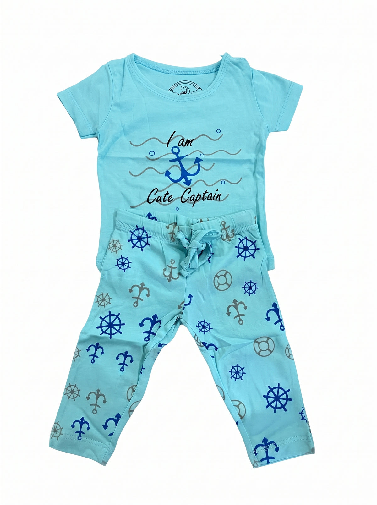 Baby Mint Cute Captain Anchor T-Shirt and Pants Set — Mint Blue cotton babywear, front view