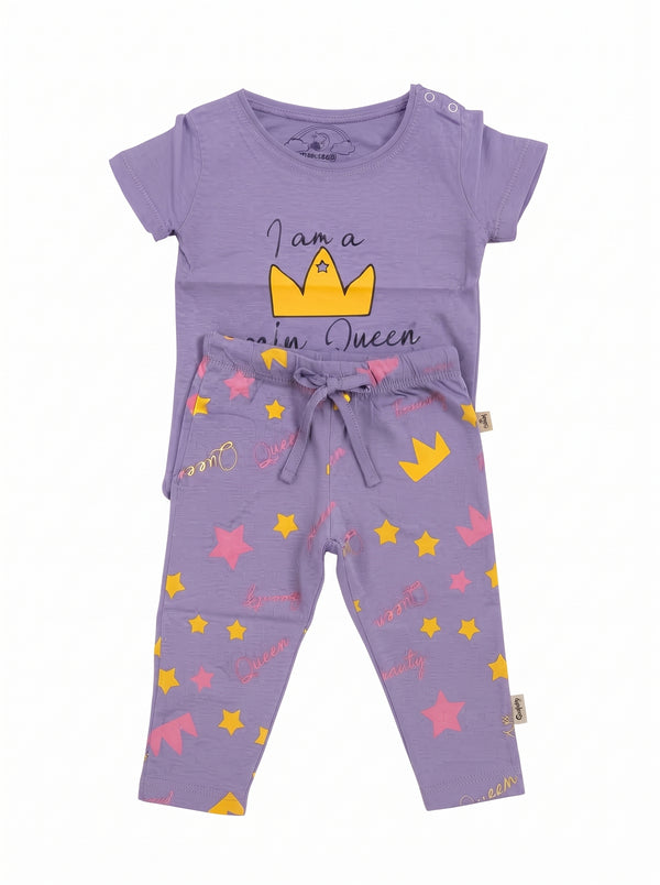 Baby Purple I Am A Baby Queen T-Shirt and Pants Set — Purple cotton babywear, front view