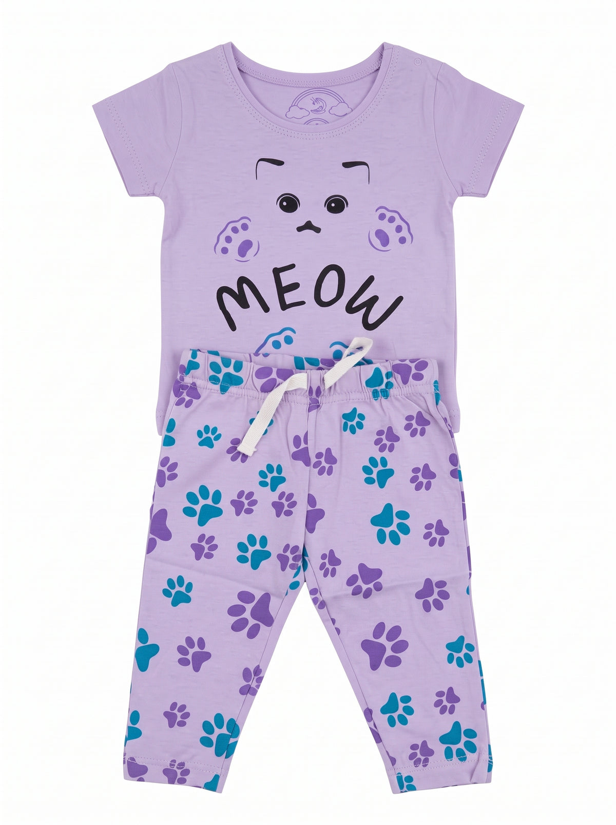 Baby Lilac Meow Cat Paw T-Shirt and Pants Set — Light Purple cotton babywear, front view