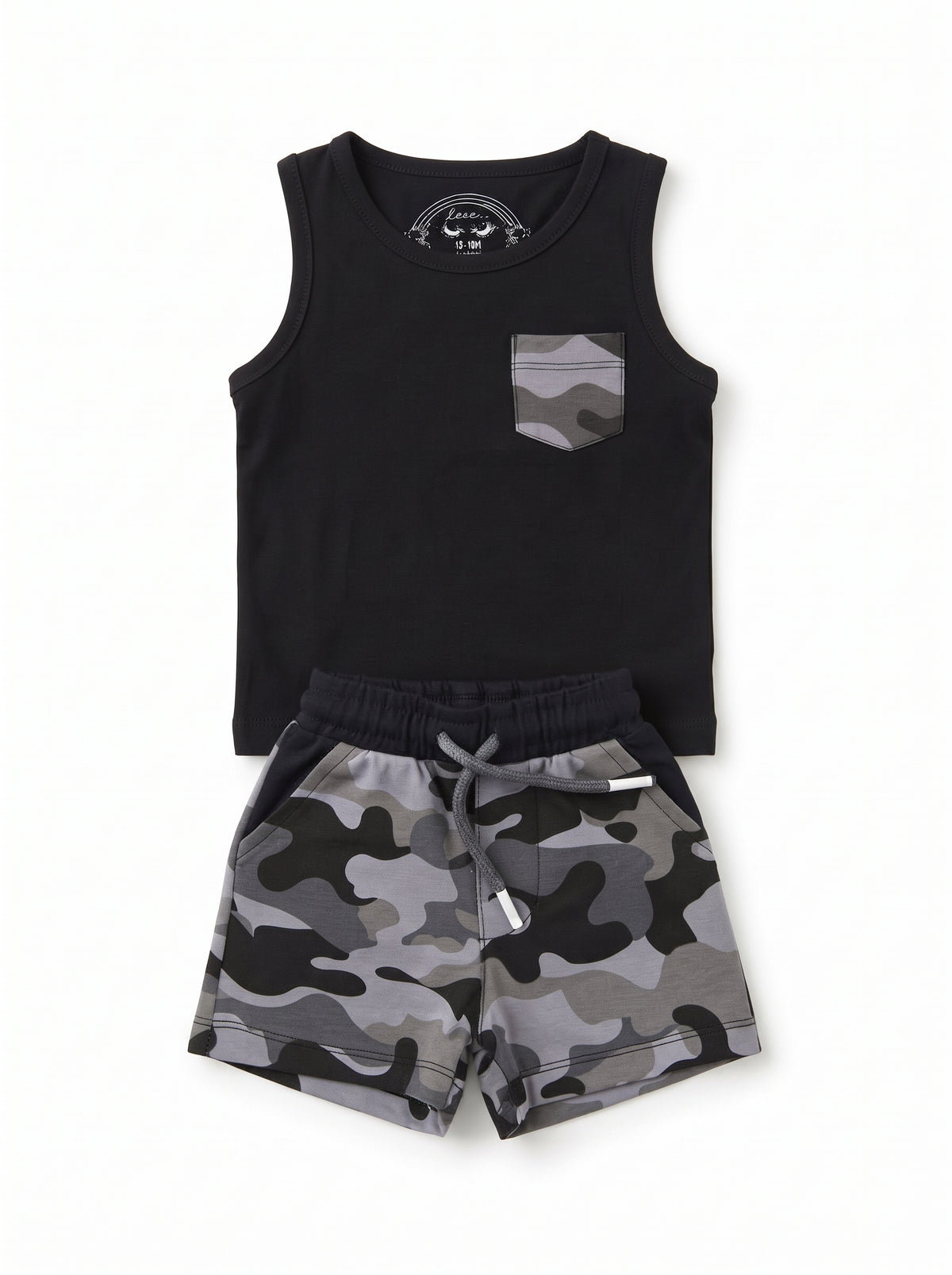 Baby Black Tank Top and Grey Camo Shorts Set — Black cotton babywear, front view