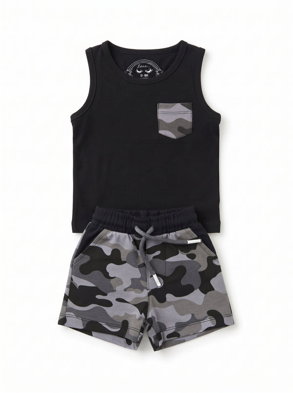 Baby Black Tank Top and Grey Camo Shorts Set — Black cotton babywear, front view