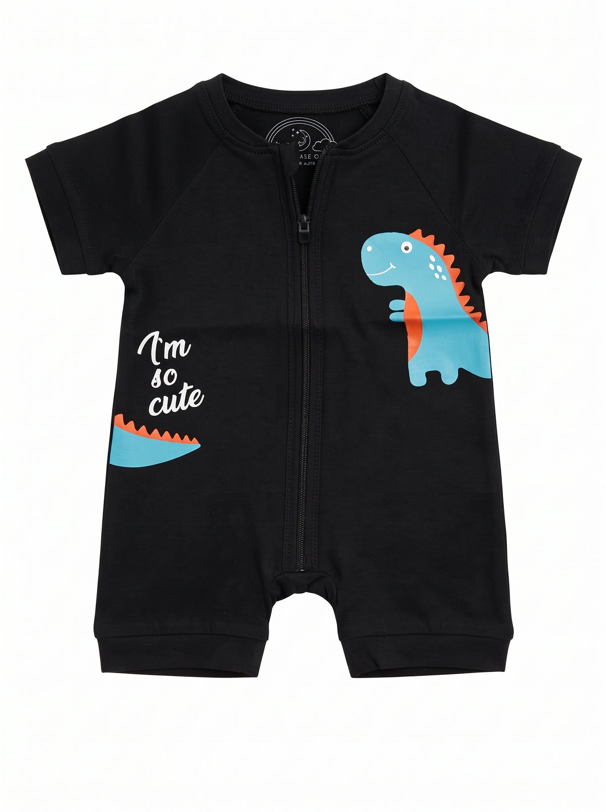 Baby Black Dinosaur Zip Romper — Black cotton babywear, front view