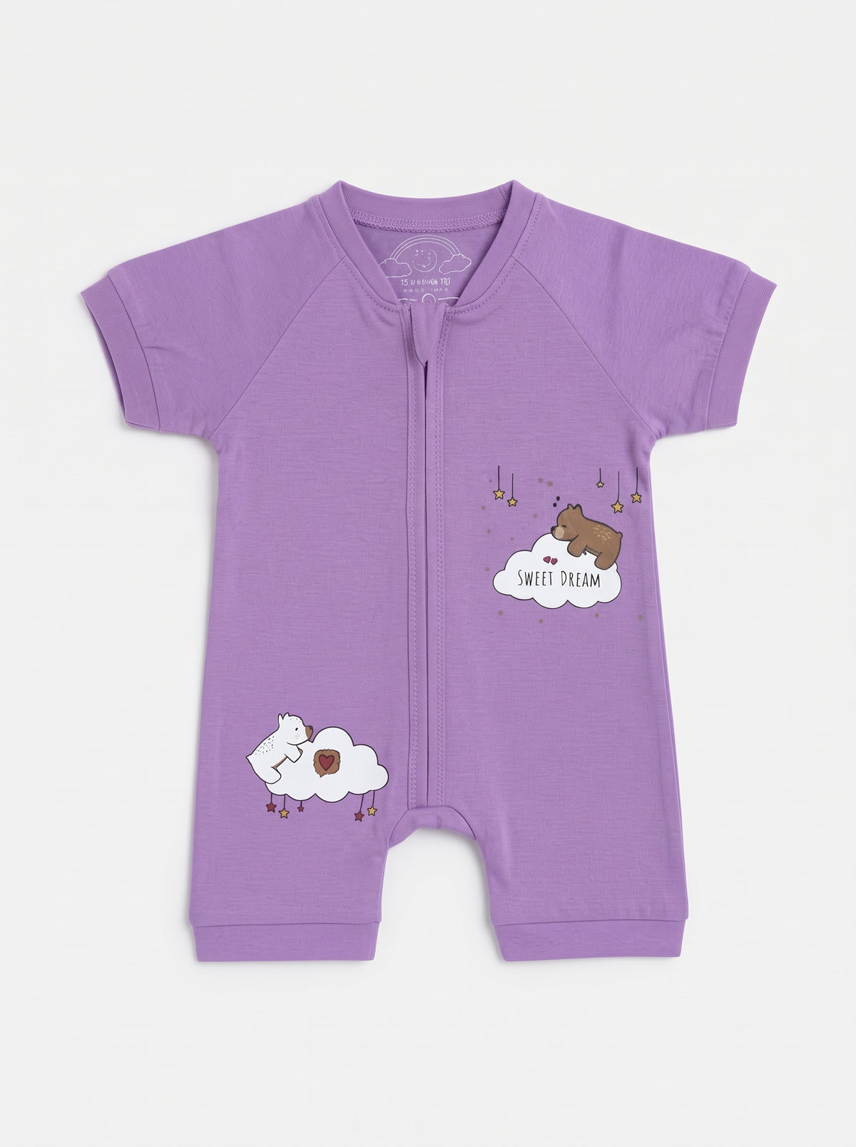 Baby Purple Sweet Dream Bear Zip Romper — Purple cotton babywear, front view