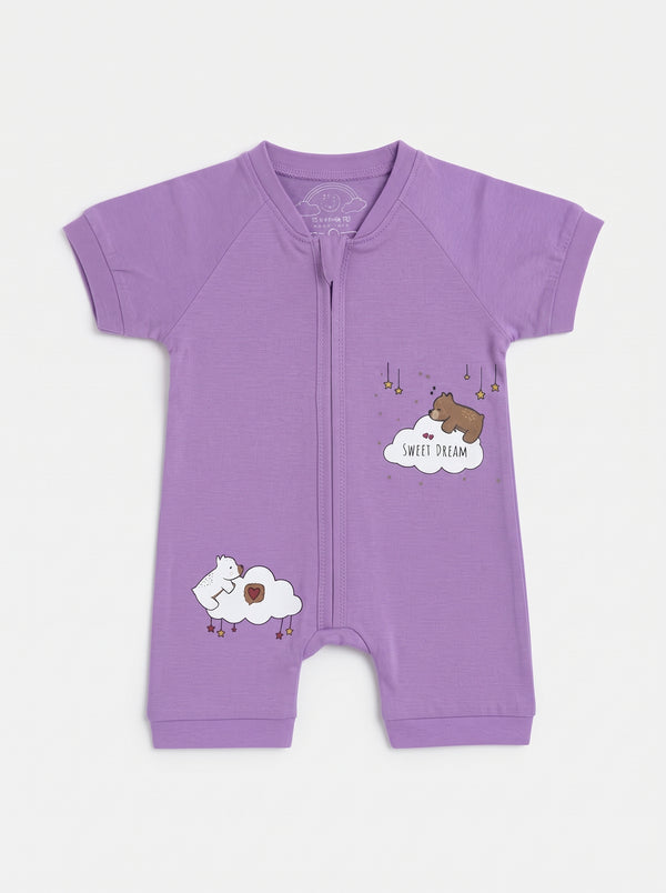 Baby Purple Sweet Dream Bear Zip Romper — Purple cotton babywear, front view